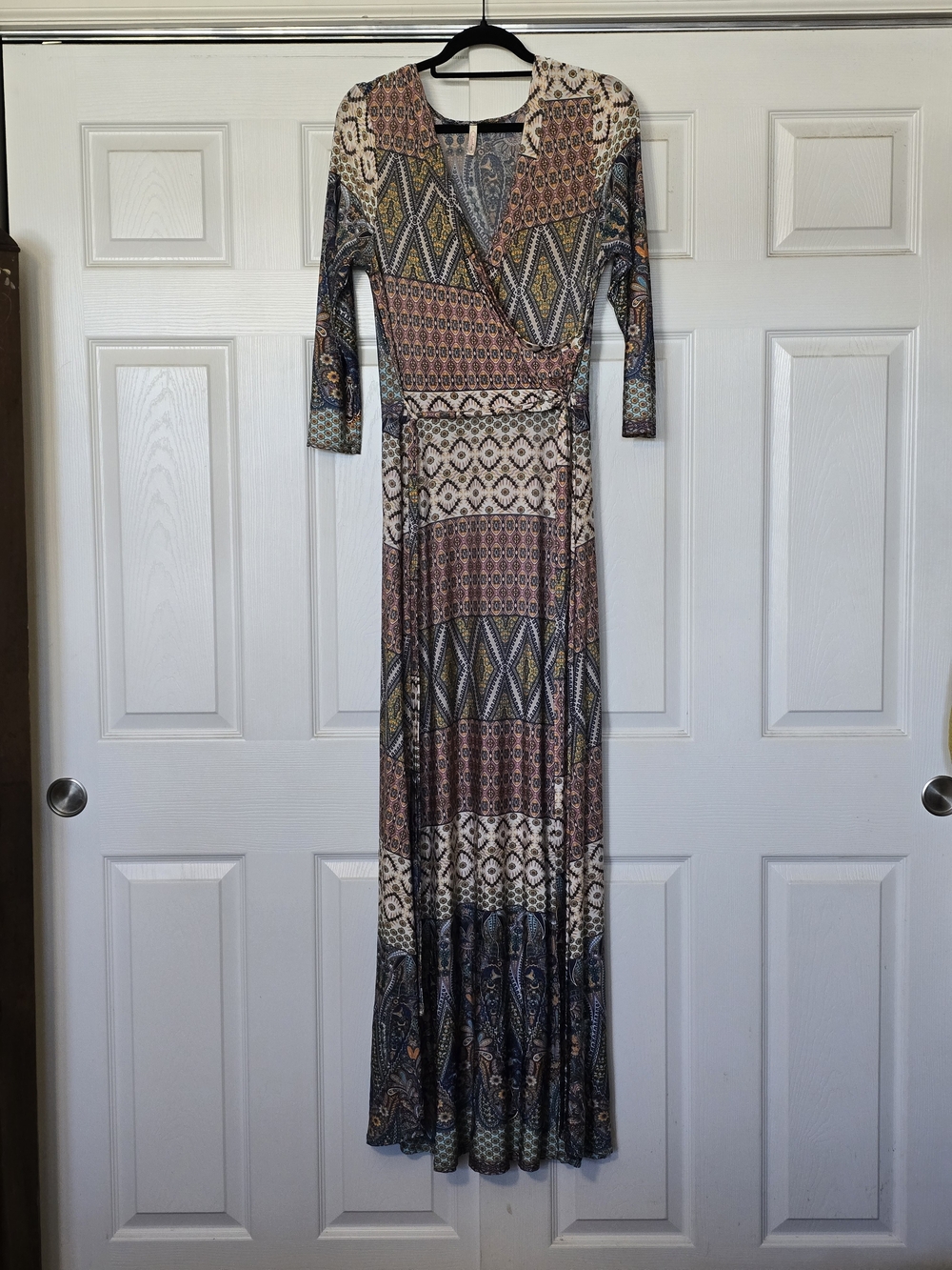 Bohemian Geo-Print Maxi Wrap Dress in Brown and Cream